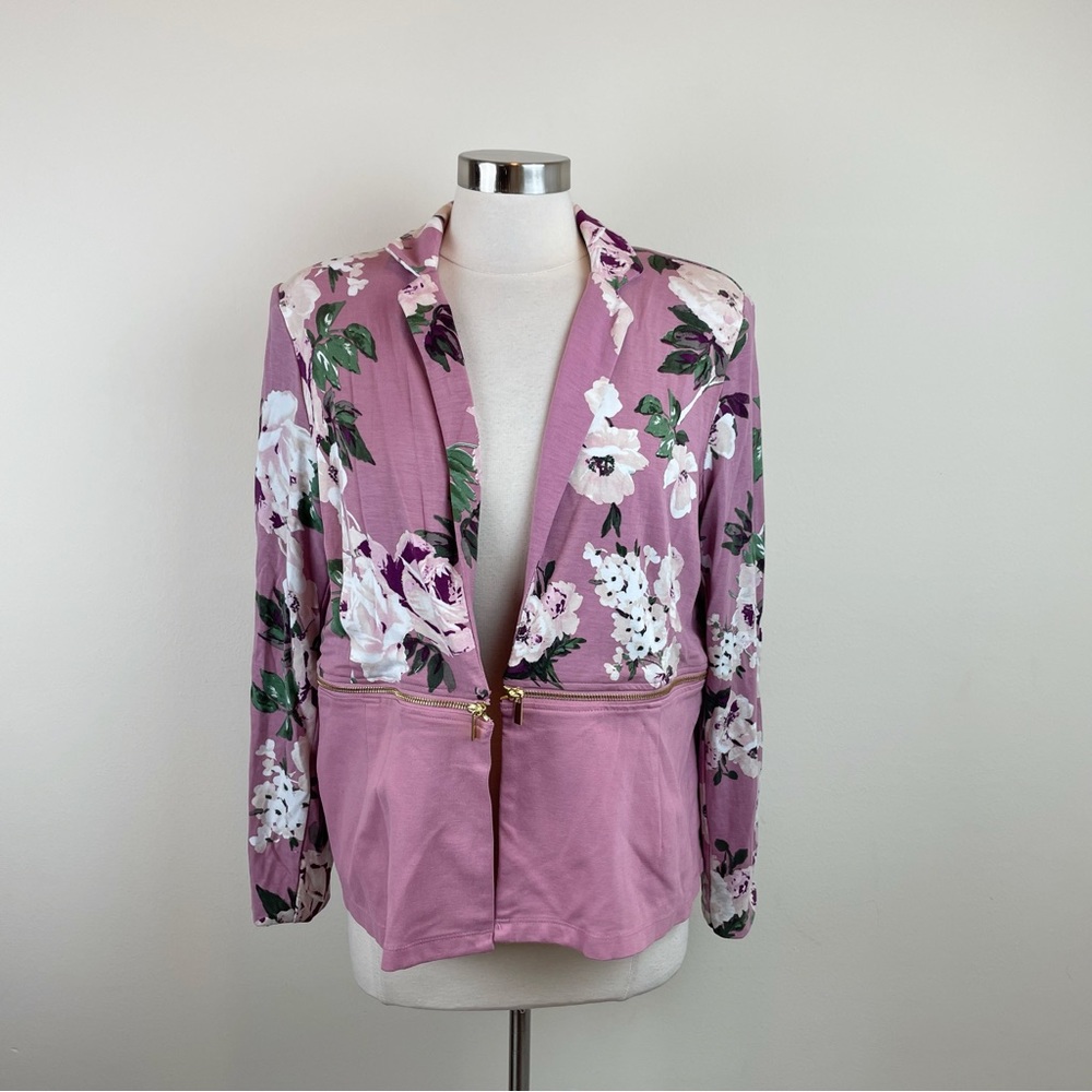 IMAN Pink Purple White Floral Jacket Gold Zipper Women Size Large